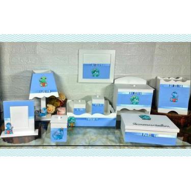 Imagem de Kit Higiene bebê Mdf 10 peças - DINOSSAURO BABY azul bb - Flores para 