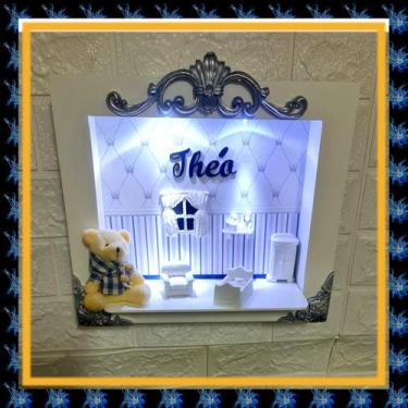 Imagem de Quadro Enfeite Porta Maternidade Cenário Led - Branco com Azul marinho