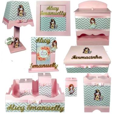Imagem de Kit Higiene bebê Mdf 10 peças - MENINA ROSA BB CHEVRON CINZA - Flores 