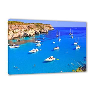 Imagem de Pôster de madeira do Mar Egeu da ilha mediterrânea nórdica. Impressão de pintura de paisagem em tela. Imagens de arte de parede prontas para pendurar para decoração de casa 40 x 60 cm (16 x 24 pol)