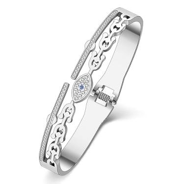 Imagem de TIZURO Pulseiras de aço inoxidável banhado a ouro 18 quilates com strass grego com olhos turcos joias para mulheres, pingentes mexicanos, presentes mexicanos, Medium, Aço inoxidável, Cristal