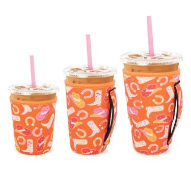 Imagem de Pacote com 3 mangas de neoprene isoladas para café gelado com alça para bebidas frias, suporte de copo reutilizável para xícaras de café de 473 g - 946 ml (moda cowgirl)
