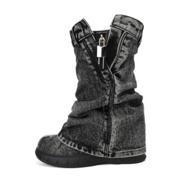 Imagem de CAGLGLZ Botas Femininas De Cano Grosso, Estilo Cowboy Ocidental, Bico Redondo, Com Cadeado, Dobráveis, Para Mulheres, Vintage, Moda, Plataforma Elevada, Botinhas De Cano Médio (Jeans, Preto, 8)
