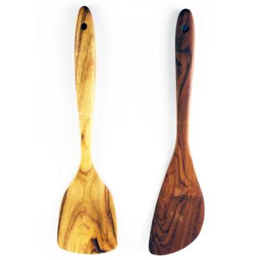 Imagem de Conjunto de utensílios de cozinha de madeira teca, conjunto de 2 peças, design ergonômico, elegante e funcional, ecológico, feito à mão, antiarranhões para panelas antiaderentes