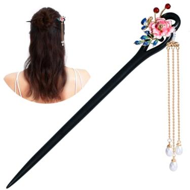 Imagem de KZQtriid Acessórios de cabelo, cobre banhado a ouro 14k, ébano natural vintage feito à mão, esmaltes coloridos, peônia, borlas, prendedor de cabelo. Pauzinhos de cabelo de 17,5 cm para mulheres