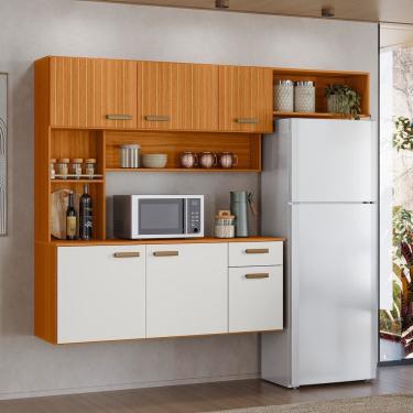 Imagem de Cozinha Compacta Suspensa Manu 6 Portas 1 Gaveta e Nichos Freijó UV/Off Acetinado/ Ripado Poliman