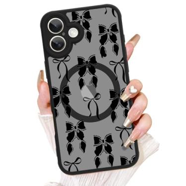 Imagem de AIGOMARA Capa para iPhone 16 Plus, compatível com MagSafe, linda estampa de laço com capa de telefone fosca semitransparente para mulher Gilrs TPU macio e PC capa protetora traseira fina preta