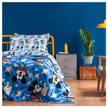 Imagem de Cobertor Flannel Disney Mickey Mouse, Manta Infantil para Cama Solteiro, Estampa Azul com Estrelas