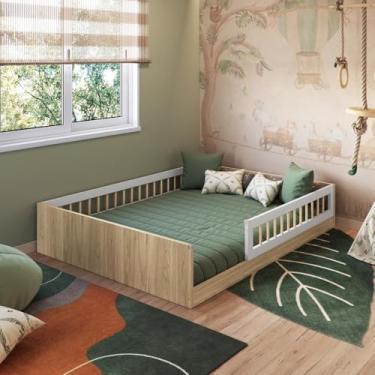 Imagem de Cama Casal Infantil de Chão Montessoriana para Menino e Menina com Grade de Proteção Lateral