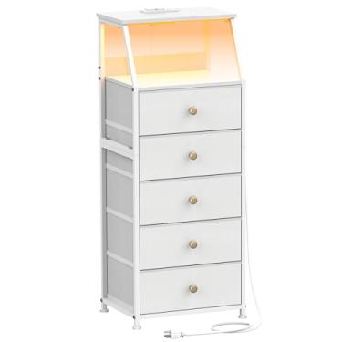 Imagem de Tohomeor Cômoda com gavetas de tecido, mesa de cabeceira com prateleira de 2 camadas, torre de armazenamento para quarto, corredor, entrada, armário, sofá, ao lado da mesa, móveis (branco, 5 gavetas)