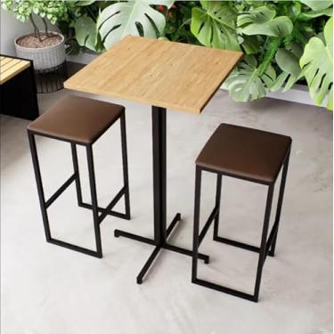 Imagem de Conjunto Mesa Alta Bar Bistrô Quadrada Pinus 2 Bancos Estofado Industrial Black (Marrom)