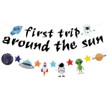 Imagem de KUNGOON Faixa de primeira viagem ao redor do sol com decoração de festa temática OVNI do espaço sideral, tema foguete astronauta espacial para decoração de festa de aniversário de chá de bebê (preto)
