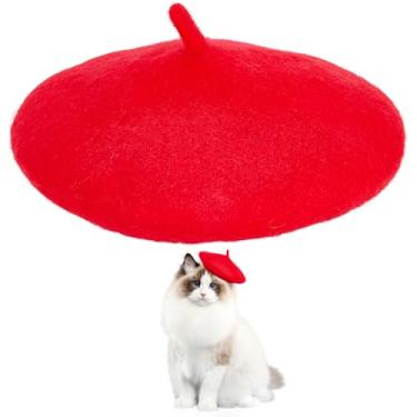 Imagem de GORGECRAFT Chapéu de boina de cachorro vermelho para gatos com faixa de cabeça de lã para filhotes, gorro de artista francês, boina, mini bonés, fantasia de Natal, acessório de cabelo para festa