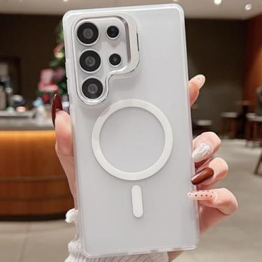 Imagem de MVVKKY Para Samsung Galaxy S23 Ultra Magnético Transparente Metal Lente Suporte Matte Case Acrílico Transparente Capa À Prova de Choque (Para Samsung Galaxy S23 Ultra/Branco)