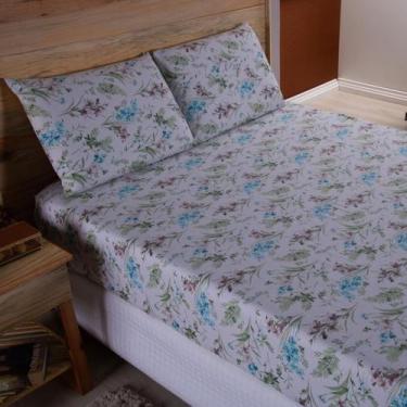 Imagem de Jogo De Lençol Casal 3P Estampado 400F Elástico Flores Azuis - Beatriz