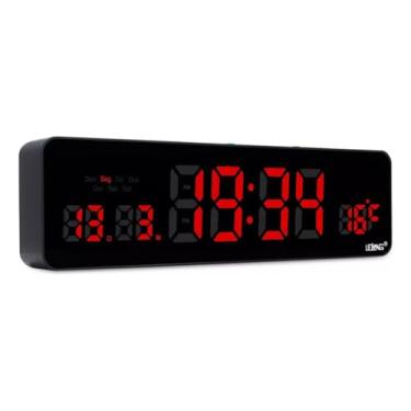 Imagem de Relógio Digital de Parede LED para Cozinha com Calendário, Termômetro, Despertador – Design Quadrado, 32cm, Fundo Vermelho, Bivolt – Elegante e Funcional