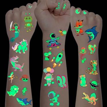 Imagem de FANRUI 20 Folhas De Tatuagens Temporárias Luminosas Fofas Em Massa Para Crianças, Meninos E Meninas, Desenhos Animados Noturnos Em 3D, Carros, Unicórnios, Robôs, Animais, Cachorros, Gatos, Tubarões,