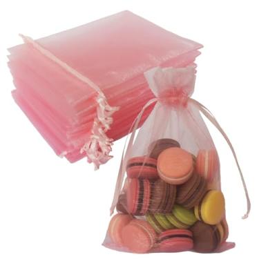 Imagem de Conjunto de 100 sacos de organza de presente com cordão, 10 x 15 cm, rosa blush para chá de bebê, Natal, lembrancinhas de festa, 1º aniversário, casamento, chá de panela, tecido transparente, malha