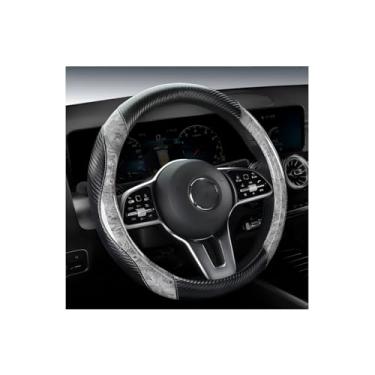 Imagem de Capa de volante de grão de madeira de carbono para volante de carro 36,5-38 cm com porta-copos emenda de couro de microfibra respirável antiderrapante durável protetor de volante universal - cinza