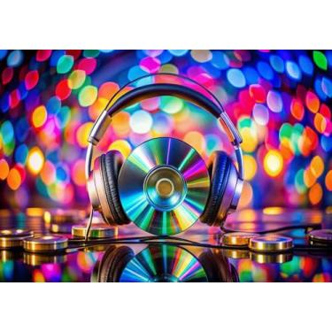 Imagem de Cenário com tema de CD e DVD de música de 1,8 x 1,8 m – Luzes de discoteca bokeh coloridas com fones de ouvido e CD, fundo de fotografia de música retrô para DJ, estúdio, decoração de aniversário