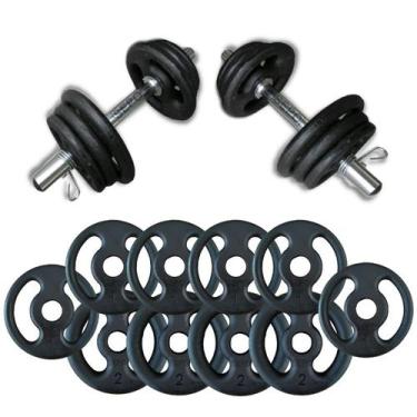 Imagem de Kit Halteres 14Kg em Anilhas de Ferro e 2 Barras Fitness 40cm - SEPO