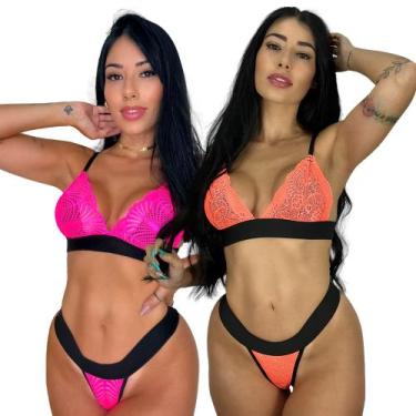 Imagem de Kit 2 Conjunto Lingerie Renda Calcinha Fio Sutiã Sem Bojo Neon Feminin
