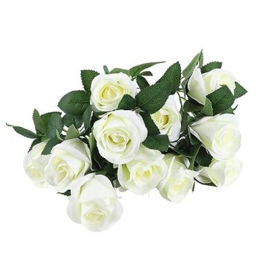 Imagem de Rosas Artificiais, Verdadeira Manutenção de Manutenção Eco, buquê de Flores Artificiais para Decoração Casamento (Branco)