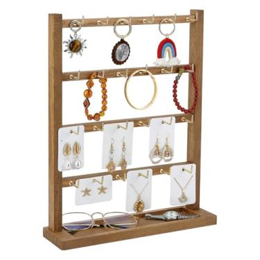 Imagem de PH PandaHall Suportes de exibição de brincos, expositores de joias para fornecedores com 24 ganchos, 4 camadas, organizador de joias de madeira para vendedores, brincos, cartões, colares, pulseiras
