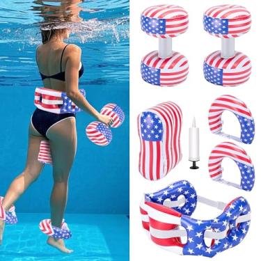 Imagem de RunNico 7 peças de equipamento de treino aquático de PVC, conjunto de halteres e punhos para exercícios aquáticos, cinto inflável para natação com boia de puxar para hidroginástica, piscina, esportes