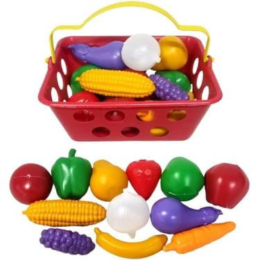 Imagem de Cesta de Legumes para Cozinha Infantil Meninas com 12 Itens Toy Master Cestinha de Mercado com Frutas e Legumes de Brincadeira