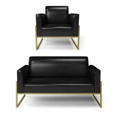Imagem de Sofá Namoradeira Com Poltrona Base Industrial Alta Dourado Marisa Corano Preto D03 - D\'rossi