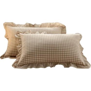 Imagem de 2 capas de travesseiro guingão, 48 x 73 cm, conjunto de 2 fronhas xadrez com borda de babados, algodão lavável, conjunto de 2 fronhas Queen, xadrez