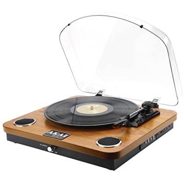 Imagem de AKAI - Tocadiscos Bluetooth, Gira-discos de vinil vintage 33/45/78 RPM, altifalantes estéreo incorporados, gravação de vinil, USB, saída de áudio RCA, leitor de cartões SD, madeira natural