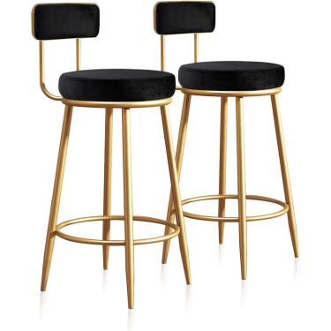 Imagem de Conjunto De 2 Bancos De Café Da Manhã Veludo Cadeiras De Bar Alto Pernas De Metal Encosto Para Cozinha Ilhas/home Bar 65cm Cadeiras De Balcão De Cozinha, Black, 4pcs