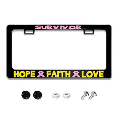 Imagem de Moldura engraçada para placa de carro com textos de humor Survivor Hope Faith Love Breast Cancer Quality Aluminum Black Car Cover Tag Holder com 2 furos e parafusos 30 x 15 cm para veículos dos EUA