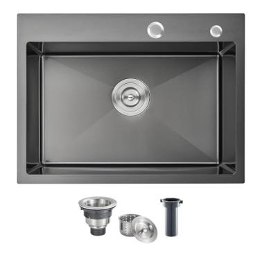 Imagem de POPFLY Pia de cozinha de 61 cm, barra preta de aço inoxidável 304 com queda de 61 cm x 45 cm ou pia pequena de tigela única, pia de cozinha artesanal de calibre 18 com kit de drenagem, Fregadero