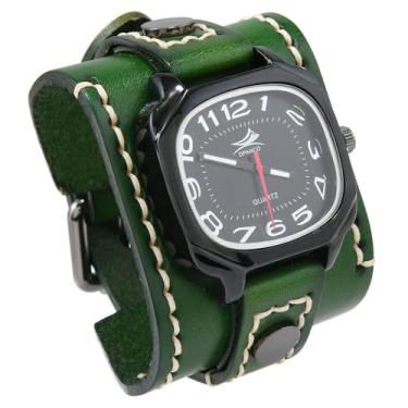Imagem de MINILUJIA Relógios masculinos feitos à mão com corda de cera costurada vintage punk hip-hop gótico largo couro macio genuíno relógio masculino Suqare quartzo personalizado relógio grande, Verde