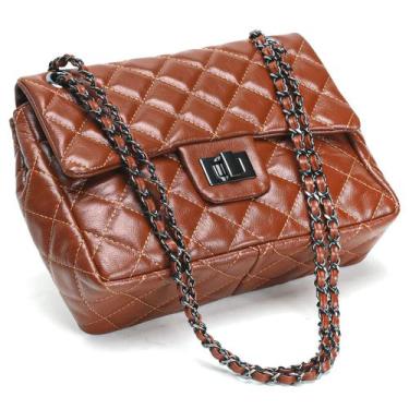 Imagem de Bolsa Feminina Couro Legitimo Matelassê Média - Cosenza, Marrom c, Gra