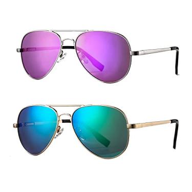 Imagem de Óculos de sol aviador polarizado para homens e mulheres, armação de metal leve com proteção UV400, Silver Frame/Purple Lens,gold Frame/Green Lens, MM