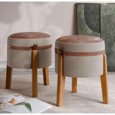 Imagem de Conjunto 2 Puffs Redondo Banqueta em Linho e Couro Suporta Até 120KG - Rest - Loja Inova BR (Bege)