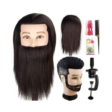Imagem de JMHAIR Cabeça de manequim masculino de barbeiro profissional com cabelo humano manequim de treinamento masculino cosmetologia cabeça de boneca corte de cabelo curto (preto com barba)