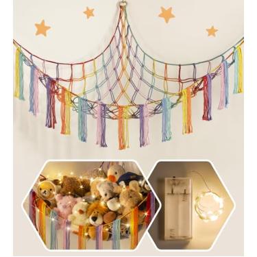 Imagem de Canto de rede de bichos de pelúcia com luz LED - Rede de pelúcia grande para armazenamento de brinquedos - Organizador de pendurar com suporte de animais fofos - Decoração de quarto de bebê arco-íris