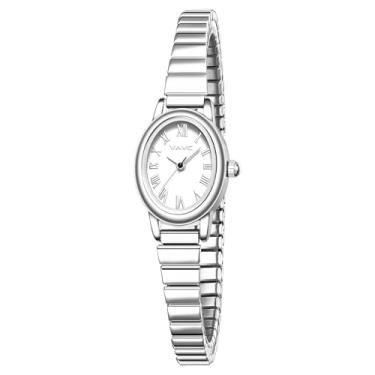 Imagem de VAVC Pequenos relógios dourados femininos, relógio analógico feminino com pulseira de expansão de aço inoxidável, mostrador romano com caixa oval, resistente à água, Prata, 5.91in-6.7in