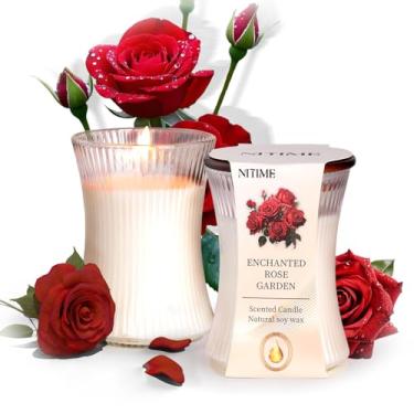 Imagem de NITIME 2 velas perfumadas de rosa, velas de soja natural de 200 ml, presentes para mulheres, vela de ampulheta listrada vertical média para casa perfumada, velas de pavio de madeira, 50 horas de tempo