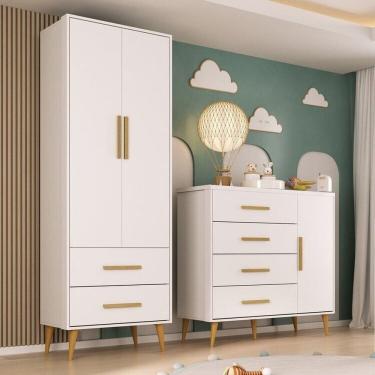 Imagem de Quarto Infantil com Guarda-Roupa 2 Portas 2 Gavetas com Cômoda Magia Espresso Móveis Branco