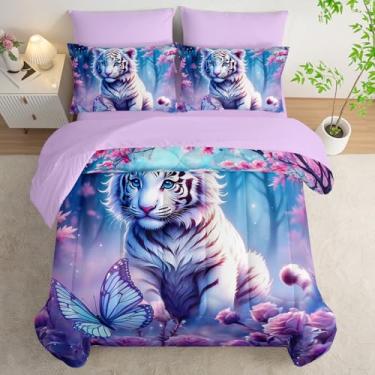 Imagem de AILONEN Jogo de edredom kawaii, solteiro, borboleta floral rosa, tigre branco, 7 peças, edredom de tigre fofo, lençol de cima, 2 fronhas, 2 fronhas, macio