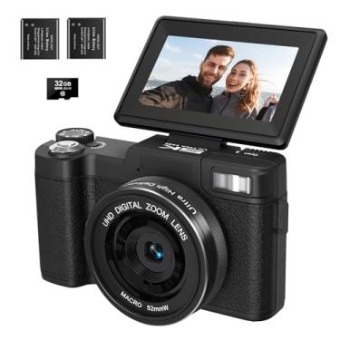 Imagem de HOUSOLY Câmera Digital 5K Para Fotografia, Câmera De Vlog De 64 Mp Com Foco Automático Para Youtube, Tela Flip De 3" 180°, Compacta Para Viagem, Zoom Digital De 18X, Antivibração, 2 Baterias E Cartã