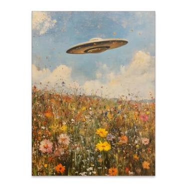 Imagem de UFO Trippy Surrealism Alien Poster Vintage Wildflower Botânico Wall Art Retrô Paisagem Tela Pintura a Óleo para Sala de Estar Quarto Decoração de Parede 30 x 40 cm Sem Moldura
