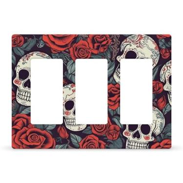 Imagem de Placa de parede decorativa 2 gangs placa de parede dupla placa de parede caveiras de açúcar e rosas vermelhas capas de tomada tampa de interruptor de luz placa de parede decorativa 12,7 cm x 7,6 cm