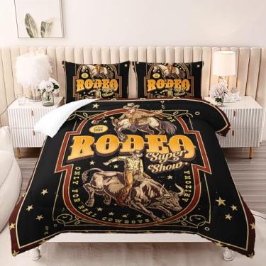 Imagem de AILONEN Conjunto de edredom de cowboy ocidental, tamanho casal, 3 peças, rodeio, cowboy, montando touro, para meninos e adolescentes, estilo caubói retrô para decoração de quarto, 1 colcha e 2 fronhas